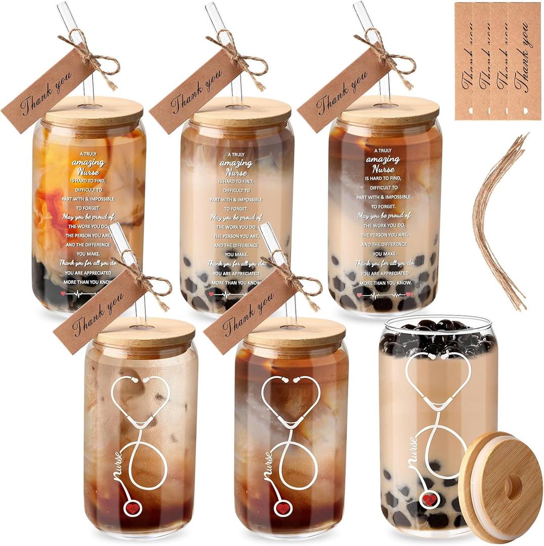 Skylety 6 Sets Nurse Gifts for Women 16 oz Can Shaped Glass Cup with Lid and Straw Thank You Tag Nurse Week Appreciation Gift for Graduation Nurse's Day Birthday School Supplies