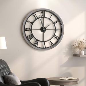 Cuspin Large Wall Clock for Living Room Decor, 24 Inch Round Farmhouse Wall Clocks Decorative Battery Operated with Solid Wood Frame, Non-Ticking Silent Rustic Wooden Clock Roman Numerals