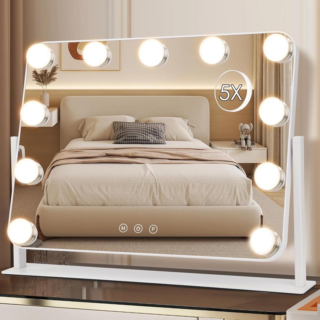 DenCert 360 Vanity Mirror with Lights 11 Led Bulbs Hollywood Lighted Makeup Mirror with 5X Magnification Mirror Hollywood Cosmetic Mirror Tabletop Makeup Mirror with 3 Lighting Modes 16x13 Inch