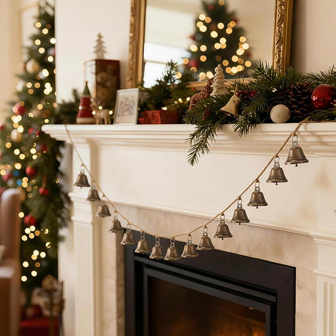 2 Pcs Christmas Bells Garland with 15 Bronze Christmas Bells 6.5ft Hemp Rope Garland Rustic Vintage Jingle Ornaments for Xmas Tree Fireplace Wedding Mantle Indoor Decor