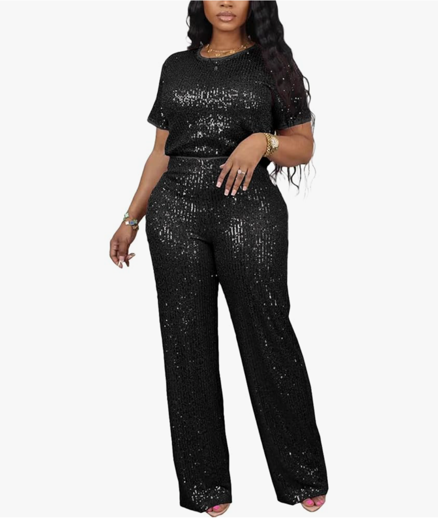 Sequin 2 Piece Outfit for Women Sparkle Wide Leg Pants Set Crew Neck Top Shiny Clubwear Black 3XL