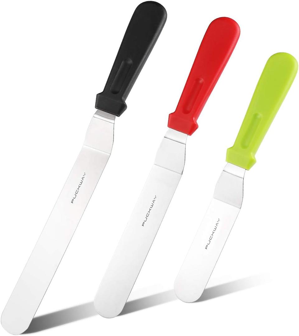 3 Metal Cake Offset Spatulas, 6 8 & 10 Inch Frosting Angled Icing Spatula for Decorating (Red & Black & Green)