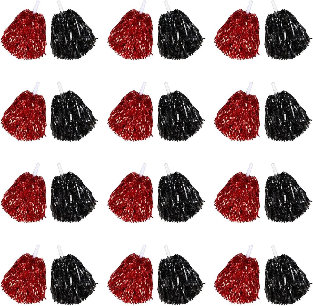 24 Pcs Cheerleading Pom Poms, Metallic Foil Handle Cheer Squad Team Spirited Fun for Party, Sports Dance Cheer, 30 Grams Weight Each (Red, Black)