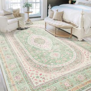 9x12 Area Rugs Washable,Green Rug for Living Room Bedroom Dining Room,Large Boho Vintage Bohemian Distressed Oriental Carpet Non Slip,Sage Blush Floral