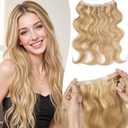 TESSHAIR Halo Hair Extensions Curly, 100% Real Human Hair,No Tangle & Smooth,Invisible Wire Extensions for Women,60g, 14 Inch,#Wavy Gold Blonde Mixed Bleach Blonde