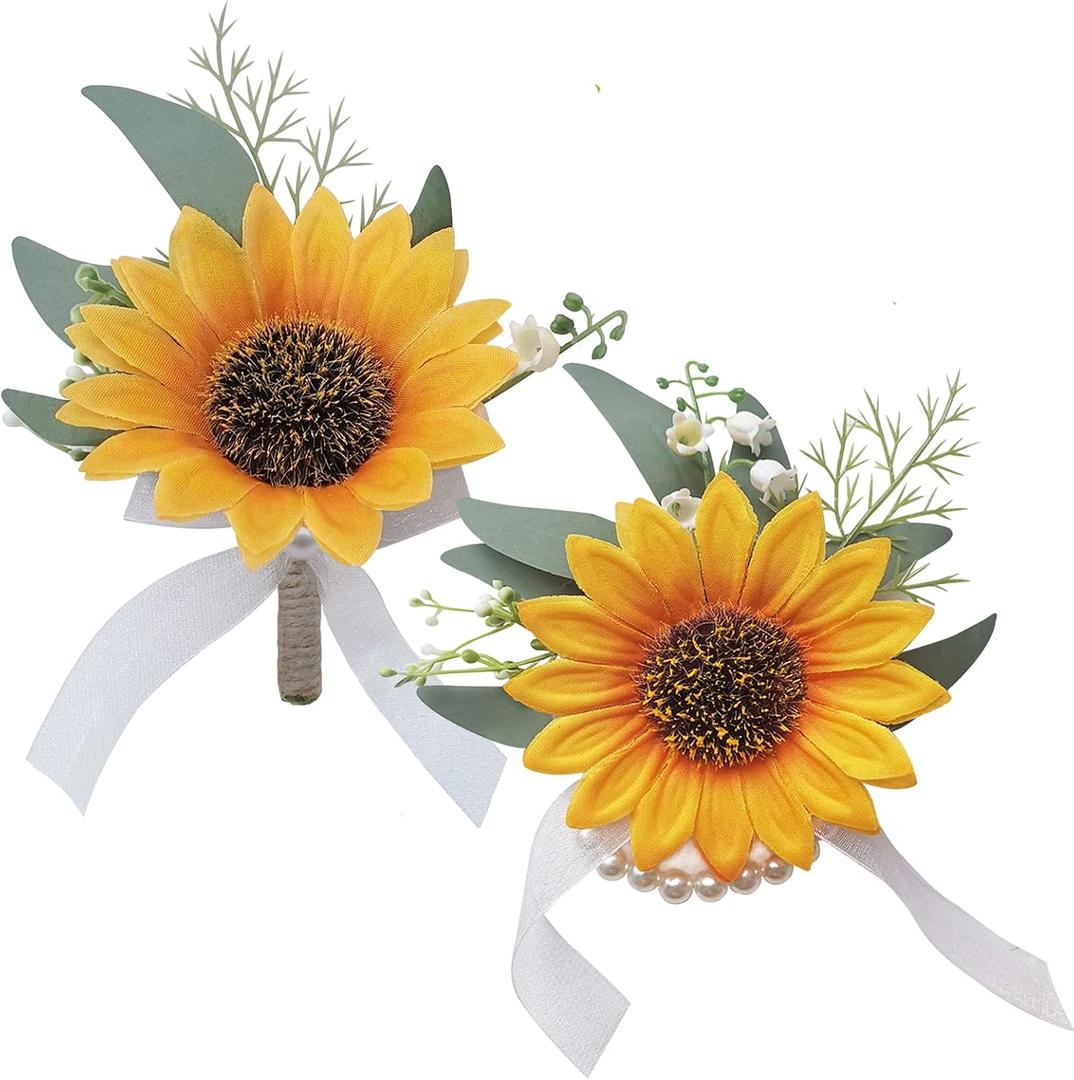 Artificial Sunflower Boutonniere,Bride Groom Bridesmaid Wedding Flower Corsage Set,Formal Party and Vintage Wedding.(1 Sunflower Boutonniere & 1 Sunflower Wrist Corsage)