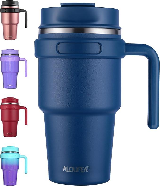 ALOUFEA 20 oz Insulated Coffee Mug Tumbler with Handle, Stainless Steel Travel Mug Tumbler with Lid and Straw,Double Wall Vacuum Leak Proof Ice Coffee Thermal Cup, Navy