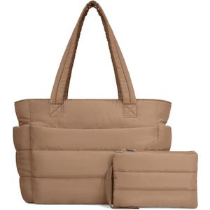 TOPDesign Puffer Tote Bag for Women, Lightweight Puffy Handbag with Compartments, Quilted Shoulder Bag for Work, Travel, Gym (Medium, Khaki)