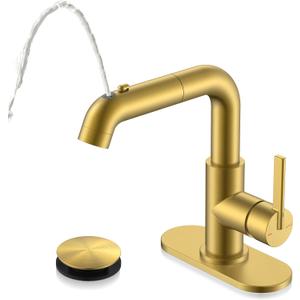 KENES Pull-Down Bathroom Faucet with Sprayer, Brushed Gold Single Handle Bathroom Sink Faucet with Pull-Out Sprayer, Vanity Bar Faucet with Pop Up Drain & Deck Plate, LJ-9055A-4