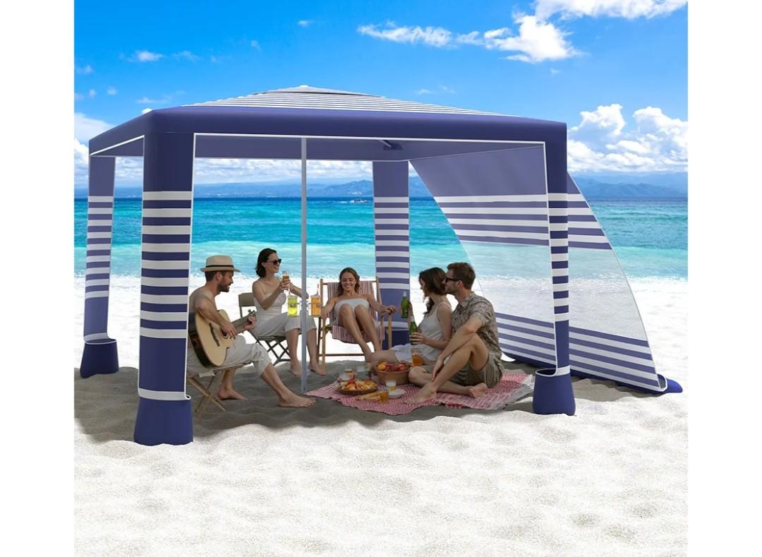 MoKo Large Beach Cabana with Side Wall, UPF 50+ Protection Easy Setup Beach Tent, Sun Shelter, Adjustable Height Wind Resistant Cabana for Whole Family, Navy Stripes, 8'×8'