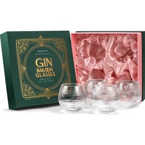 Vintage Art Deco Gin and Tonic Balloon Glasses | Set of 4 | 13.5 oz Stemless Crystal Copas for Drinking Gin Cocktails | Retro Gift Goblets for Gin Lovers | Bubble Cups for Bar Drinks