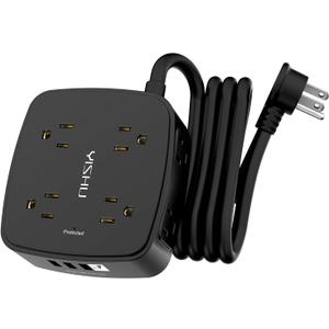 6 Ft Surge Protector Power Strip - 8 Widely Outlets with 4 USB Ports, 3 Side Outlet Extender with 6 Feet Extension Cord, Flat Plug, Wall Mount, Desk USB Charging Station, ETL,Black