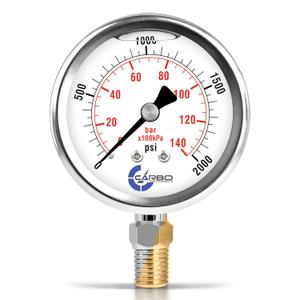 2000 PSI Glycerin Liquid Filled Pressure Gauge, 2.5" Dial, 1/4 NPT Lower Mount, 304 Stainless Steel Case, Brass Wetted Parts, Dual Scale PSI/Bar - ASME B40.1 Grade A