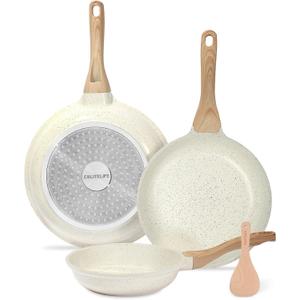 ESLITE LIFE Nonstick Ceramic Frying Pans Skillets Set, Non-Toxic Egg Omelette Kitchen Cooking Pans Compatible with All Stovetops (Gas, Electric & Induction), PTFE & PFOA Free (White) (8"+9.5"+11" Set)