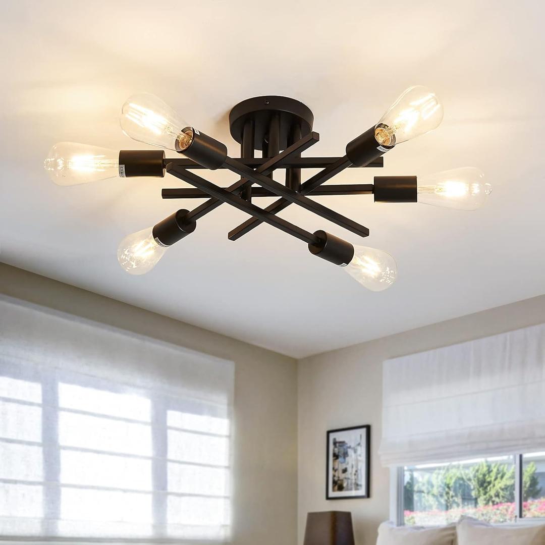 ASGYISA Semi Flush Mount Modern Ceiling Light Fixture 6 Lights Black Vintage Matte Sputnik Chandelier Ceiling Lamp with E26 Bulb Base for Farmhouse Dining Room Living Room Bedroom Study Kitchen