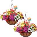 2 Set Outdoor Artificial Hanging Baskets, 32 Pcs Artificial Flowers Hanging Planters for Spring Summer Front Porch Patio Yard Garden Home Decor (Purple, Yellow, Hot Pink, Creamy White)
