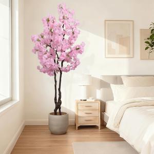 Faux Pink Cherry Blossom Tree 6ft(72in) Tall Artificial Japanese Sakura in Pot Realistic Cherry Plant Decor Handmade Natural Fake Pink Flower Tree for Wedding,Living Room,Spring Decor