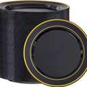 100Pcs Black Plastic Dessert Plates, Disposable Salad Plate with Gold Rim, Premium Hard Fancy Small Plates, Heavy Duty Plastic Cakes Plates for Party, Wedding and Birthday