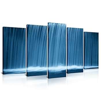 Wieco Art Peaceful Waterfall 5 Panels Large Canvas Paintings Wall Art Modern Gallery Wrapped Landscape Forest Giclee Canvas Print Artwork Photo Pictures for Living Room Bedroom Home Decorations L