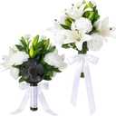 Tigeen Wedding Bouquet with Fan for Bride Bridesmaid, White Artificial Rose Lily Flowers Silk Bouquet Set for Bride Bridesmaid Wedding Engagement Bridal Shower Party