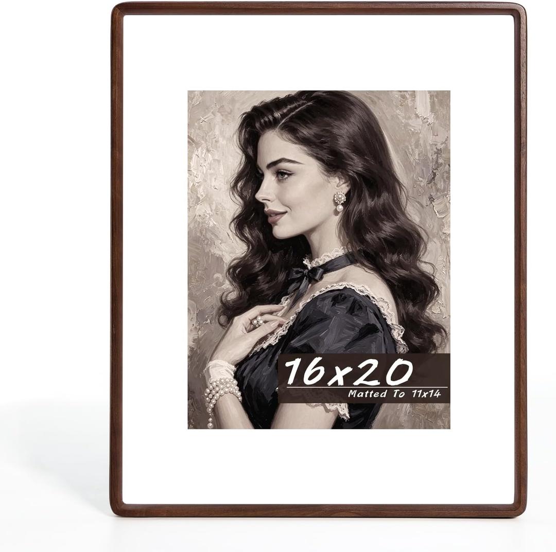 16x20 Picture Frame with Reel Glass, Solid Walnut (Brown) | Tempered Glass, Mortise & Tenon, Matted to 11x14 Art, Horizontal or Vertical Display, Wall Kit, 1620