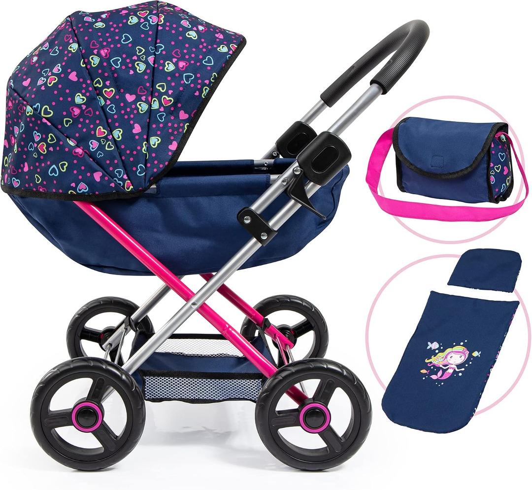 Bayer Doll Pram Stroller & Accessories Set, 18 Inch Doll, Blue, Pink Hearts, Includes Blanket & Shoulder Bag, Foldable