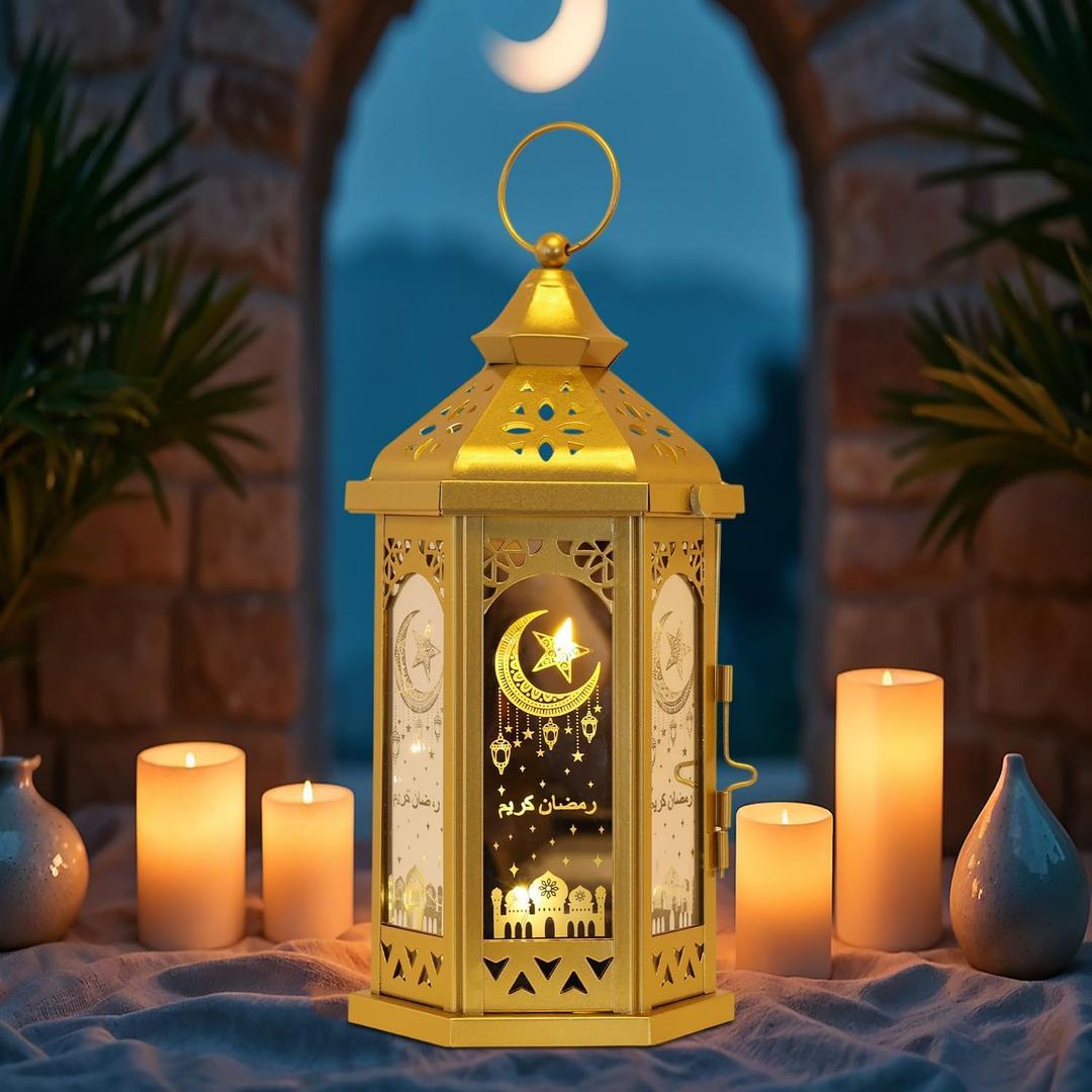 DECORKEY Ramadan Decorations for Home, 12.8H Large Hexagon Decorative Candle Lantern for Tabletop Mantel Decor, Vintage Metal Lantern Candle Holders for Indoor Outdoor Decor, EID Mubarak Gift