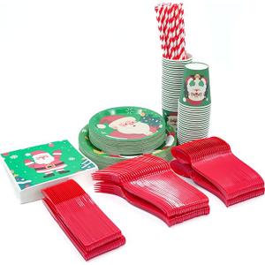 Disposable Paper Plates and Utensinls and Straws Holiday Paper Drinking Cups Bulk for Hot Cold Beverages Home Business Cafe Birthday Party Supplies (Christmas) 400 Pack 50 Guest