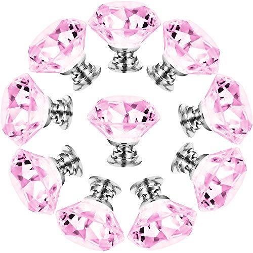 NORTHERN BROTHERS Dresser Drawer Cabinet Knobs 30mm Diamond Shaped Crystal Glass Knobs Pulls for Kitchen Wardrobe Cupboard (10 Pack, Pink)