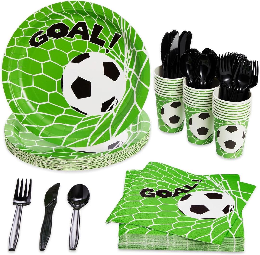 Juvale 144-Piece Soccer Themed Birthday Party Supplies, Bundle Includes Paper Plates, Napkins, Cups, and Plastic Cutlery for Sports Themed Party Decorations (Serves 24)