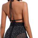 Women Sparkle Rhinestone Mesh Sheer Bikini Sets Halter Bra Top High Waist Shorts Bottom Swimsuits Rave Outfit (Black, M)