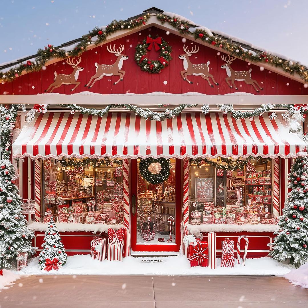 VitalCozy 16 x 7 ft Cane Candy Christmas Garage Door Cover Banner Decorations, Christmas Santa's Shop Storefront Garage Cover Polyester Xmas Backdrop Photography for Indoor Outdoor Wall Door House
