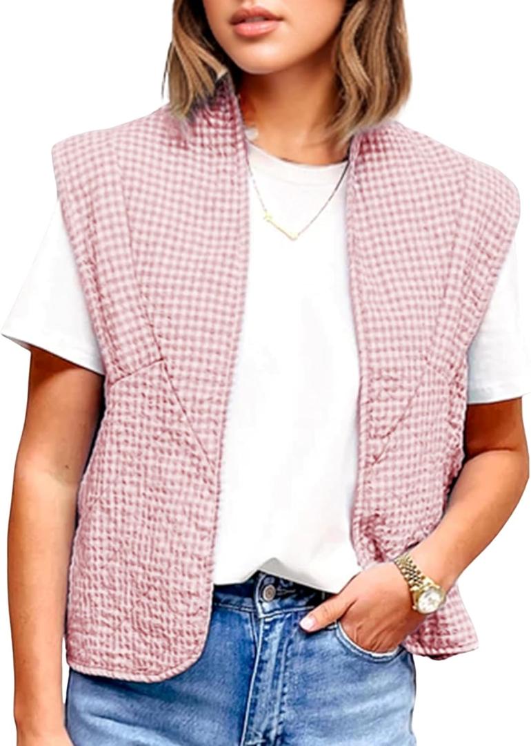 VAOYIU Womens Cropped Puffer Vest Lightweight Sleeveless Plaid Printed Cotton Quilted Vest Outwear (Medium, Red-brown)