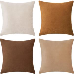 MONDAY MOOSE Decorative Throw Pillow Covers Cushion Cases, Set of 4 Soft Velvet Modern Designs, Mix and Match for Home Decor, Pillow Inserts Not Included (18x18 inch, Brown/Beige)