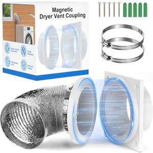 Magnetic Dryer Vent Coupling, Airtight Seal Strong Magnet Dryer Vent Connector Kit Quick Connect Disconnect Easy to Clean Flexible Hose Exhaust Duct Adapter Attachment with Clamps Screws