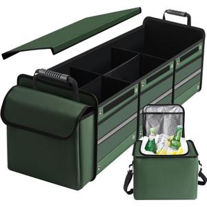 Car Trunk Organizer, 115L Heavy Duty Collapsible Trunk Storage, with Insulated Leakproof Cooler Bag Vehicle Cargo Organizer with Lid, 3 Compartments, Straps For Car, SUV, Jeep, Sedan-Green (Green 115L)