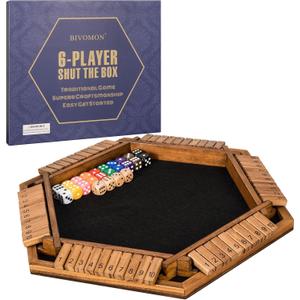 1-6 Players Shut The Box Dice Game, Wooden Board Table Math Game for Kids Adult with 24 Dice, Close The Box Game for Family, Party, Christmas, Birthday