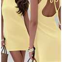 WDIRARA Women's Polka Dots Mini Dress Crew Neck Sleeveless Backless Short Party Dresses Yellow Solid X-Large (Yellow, XL)