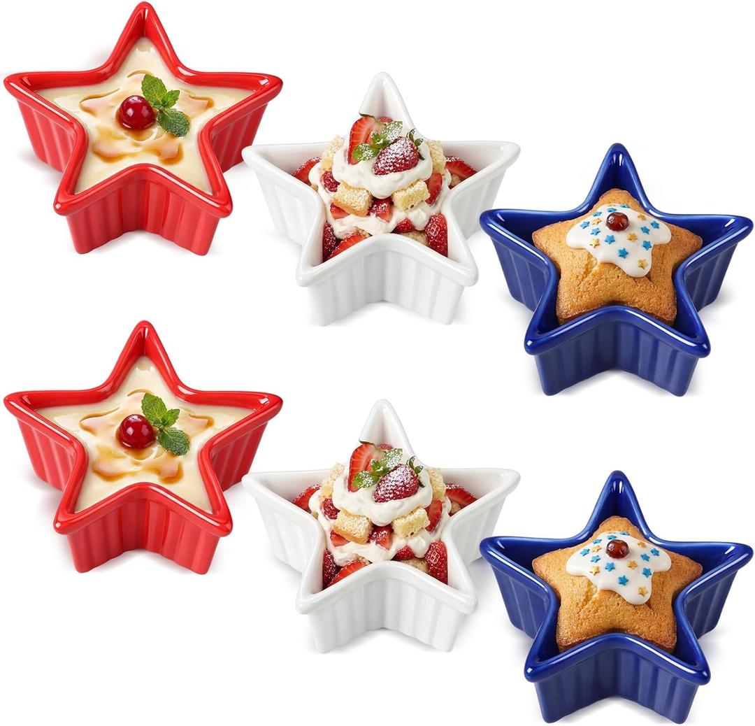 Reallnaive 6 Pcs Patriotic Ramekin Star Shaped Bowls Patriotic Star Shaped Dessert Bowl 3.54 x 3.54 x 1.57 Inch Creme Brulee Ramekins Oven Safe Ceramic Serving Dish for Souffle Snacks Quiche Sauces