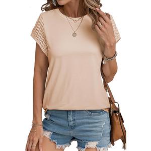 SHEWIN Womens Summer Tops Crewneck Short Sleeve T Shirts Casual Patchwork Hollow Out Loose Tank Top (Beige, M)