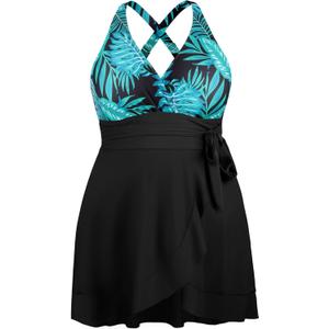 Women's Plus Size Bathing Suit One Piece Swim Dress Tummy Control Swimsuits V Neck Swimwear Green Leaf 26W (Black)
