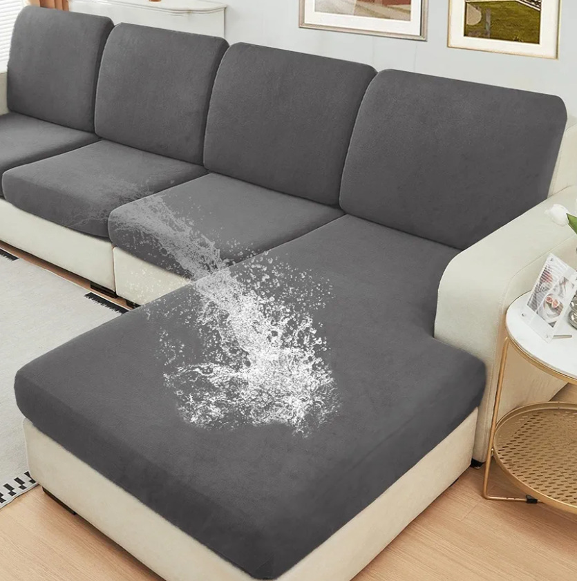 NAISI Waterproof Couch Cushion Covers Thick Velvet Fabric Washable Sofa Slipcovers Sectional Couch Covers for 4 Pieces Separate L Shape Couch Cover with Elastic Bottom(3 Seater + 1 Chaise,Grey