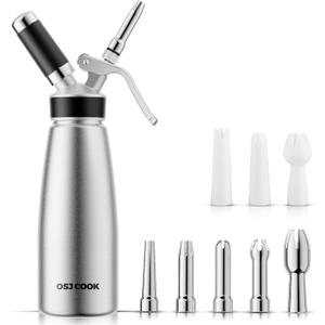 Professional Aluminum Whipped Cream Dispenser - 500 mL/1 Pint,Leak-Free Whipped Cream Maker Canister with 8 Decorating Nozzles & Cleaning Brush - N2O Chargers (Not Included) (Silver, 500ml)
