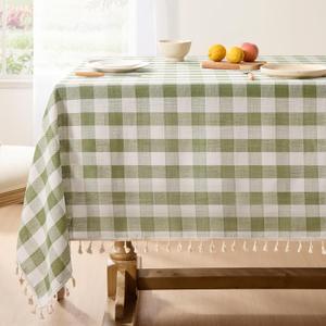 Softalker Outdoor Checkered Tablecloth, Linen Cotton Gingham Table Cloths for 6 Foot Rectangle Tables with Tassel, Heavy Duty Wrinkle Free Plaid Table Cover for Picnic Camping - 55 x 84 Inch, Sage