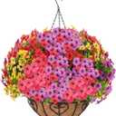 Artificial Hanging Flower for Outdoors, Fake Hanging Basket for Outside,1 Hanging Basket with 13 Pcs Faux Silk Flowers for Porch, Balcony and Patio Decor (Mixed)