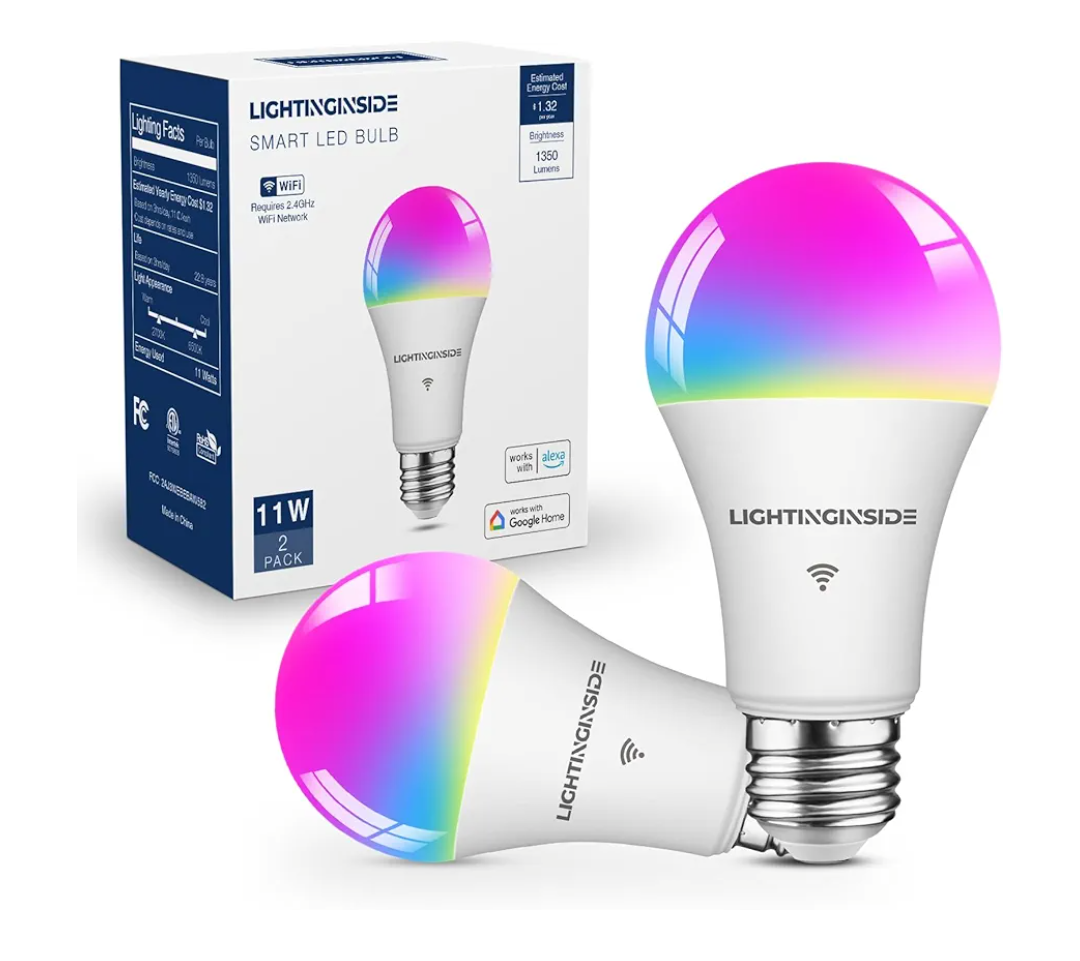 Lightinginside Smart Light Bulbs 100W Equiv., 1350LM 11W Smart Bulb Works with Alexa/Google Home/Smart Life, A19 E26 RGBCW Color Changing, No Hub Required, 2.4G WiFi Bluetooth Bulb, ETL Listed, 2PCS