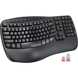 MEETION Wireless Ergonomic Keyboard, Wave Keys Firm Wrist Rest for Natural Typing, 2.4G USB-A Cordless Receiver and USB-C Adapter, Ergo Computer Keyboard Compatible with Windows/Mac/PC/Laptop, Black