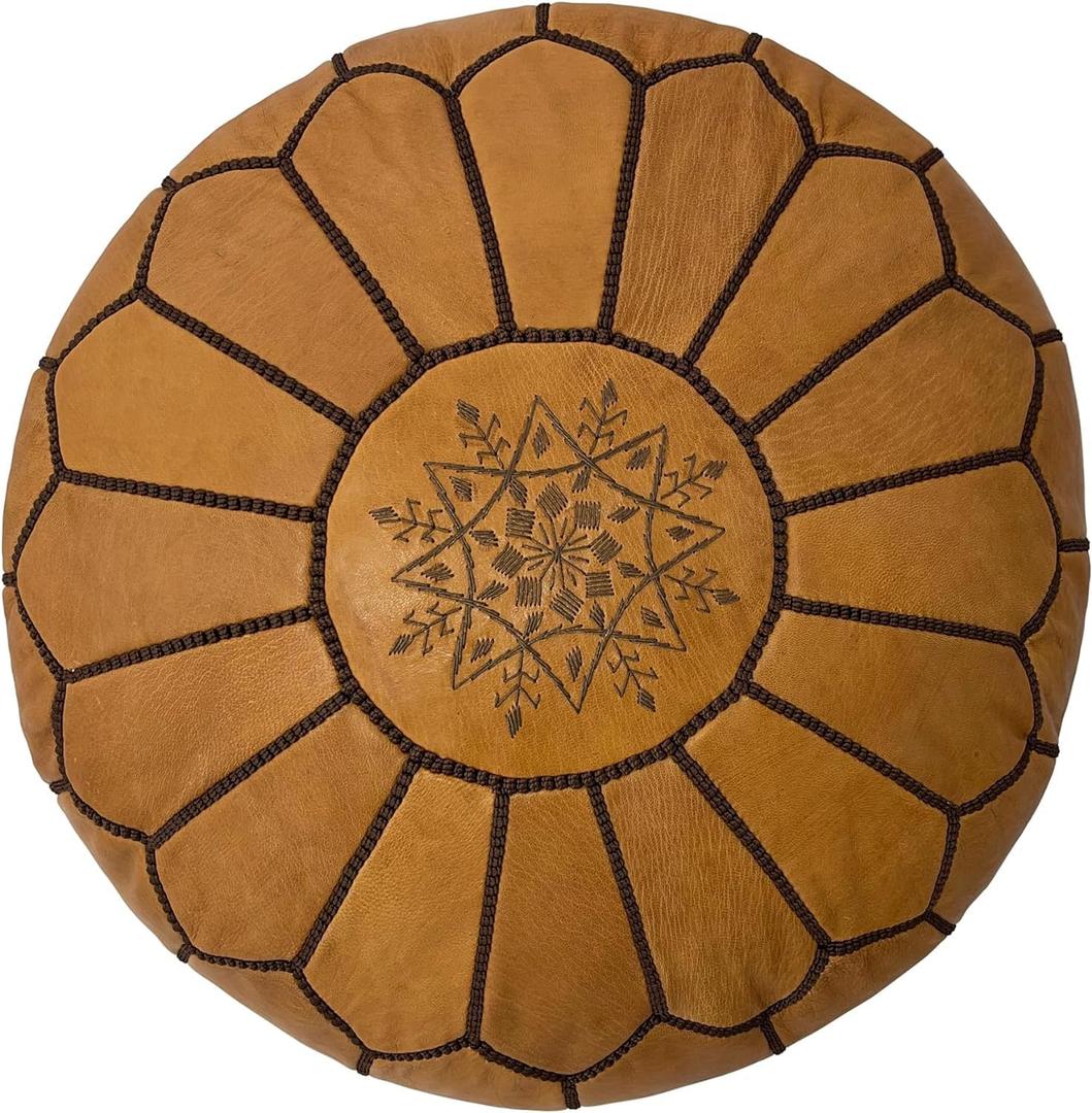 Luxury Handcrafted Moroccan Leather Pouf - Boho Chic Ottoman Seat & Footstool for Living Room Decor - Foot Rest - Round Ottoman (Light Tan with Brown Thread, Stuffed)