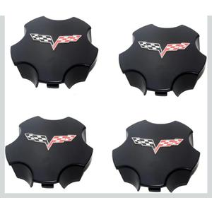 4Pc 2005 2006 2007 Corvette C6 Cross Flag Logo Wheel Center Hub Cap (Black Red)
