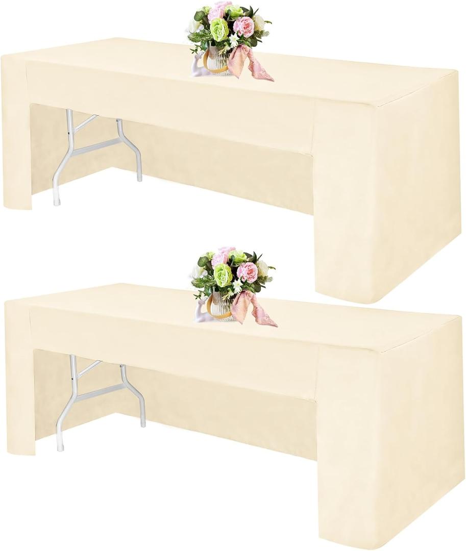 2 Pack Open Back Fitted Rectangle Tablecloths 96 x 30 Inch, Beige Table Clothes for 8 Foot Tables, Washable Polyester Fitted Table Cover for Parties, Wedding, Banquet, Trade Show (Beige, 8FT)